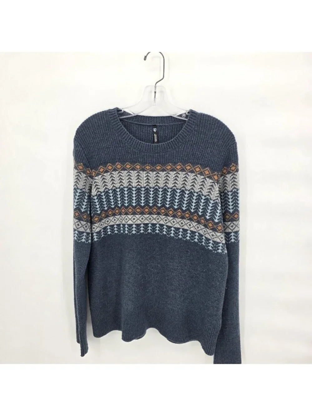 Kuhl Sweater Mens Large Blue Fair Isle Merino Wool Blend Knit Pullover Nordic